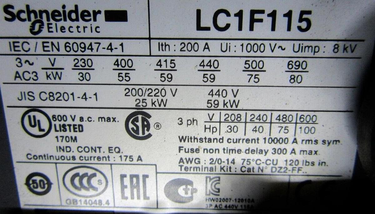 Used SCHNEIDER CONTACTOR LC1F115 175 AMP 600 VAC 3-PHASE 100 HP W/ INTERLOCK