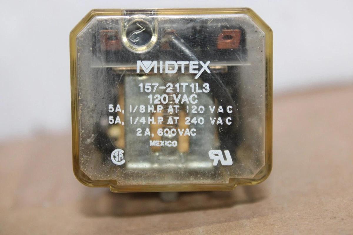 Used LOT OF 2 MIDTEX RELAY 157-21T1L3 120/240/600 VAC 5 AMP **WARRANTY INCLUDED**
