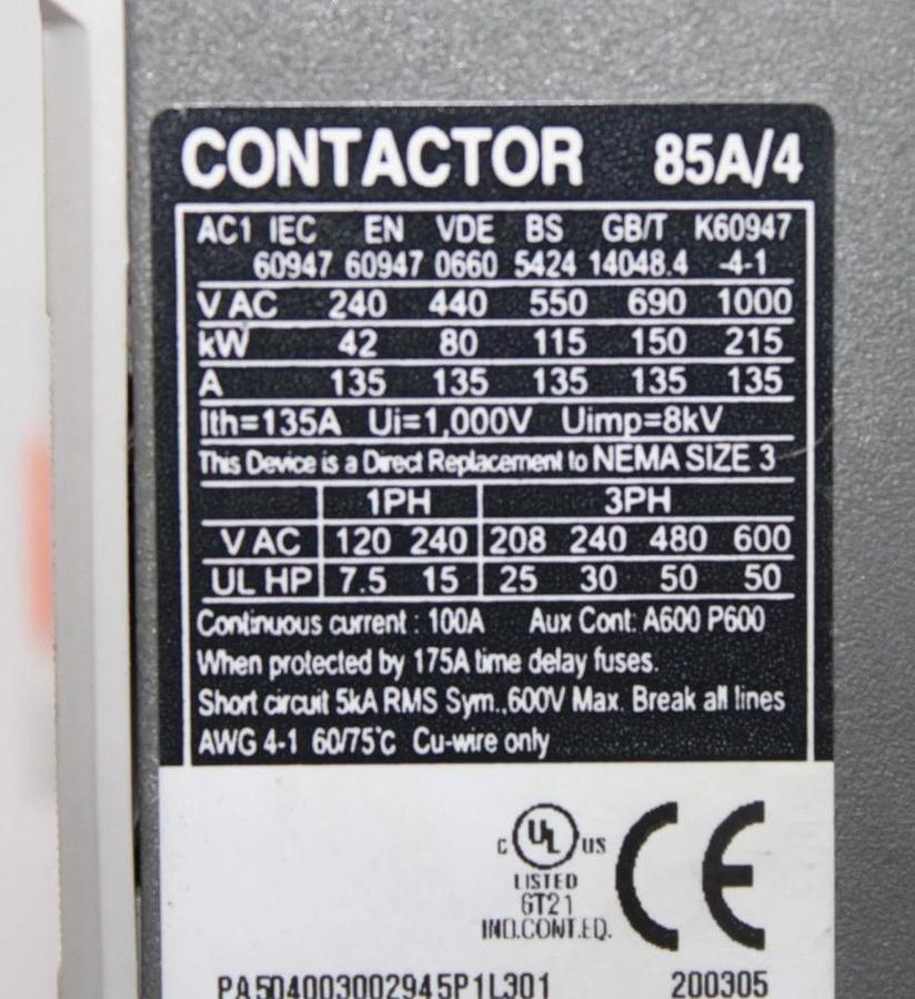 Used BENSHAW CONTACTOR RSC-85/4 135 AMP 600 VAC 50 HP NEMA 3 COIL: 120V *WARRANTY*