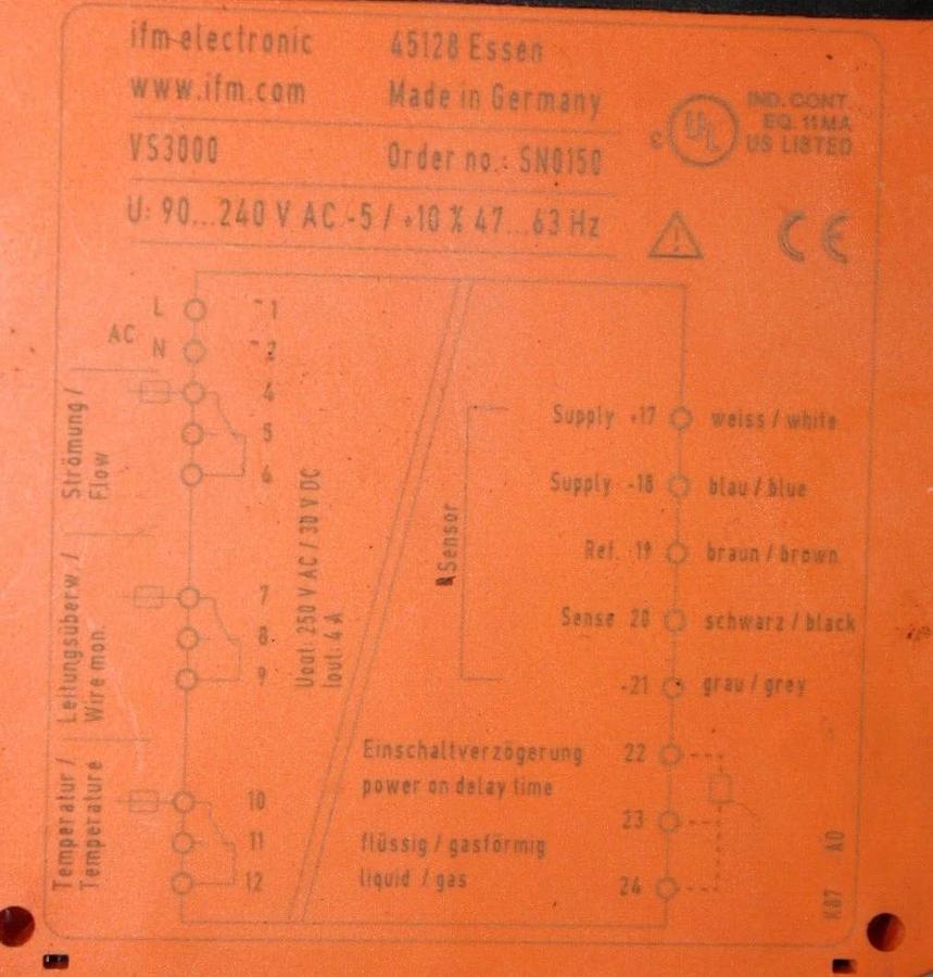Used IFM CURRENT MONITOR FOR FLOW SENSOR SN0150 VS3000 240 VAC 4 AMP *WARRANTY*