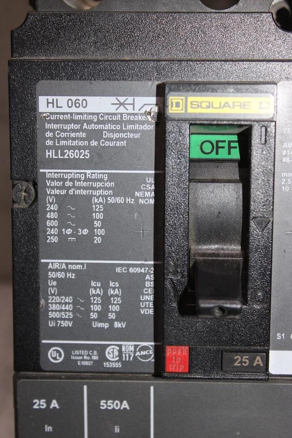 Used SQUARE D CIRCUIT BREAKER HLL26025 25 AMP 600 VAC 2-POLE 3-PHASE HL-060