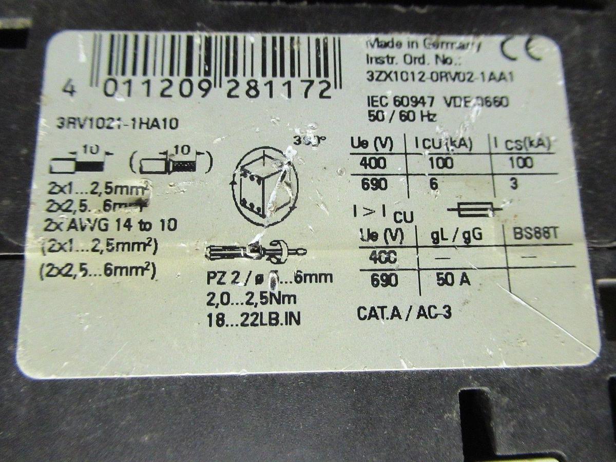 Used SIEMENS MANUAL MOTOR START 3RV1021-4HA10 600V 7.5HP 8A **WARRANTY INCLUDED**