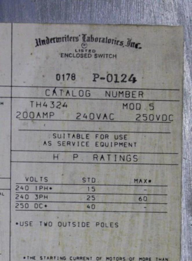 Used GENERAL ELECTRIC HEAVY DUTY DISCONNECT SWITCH TH4324 200 AMP 240 VAC *WARRANTY*