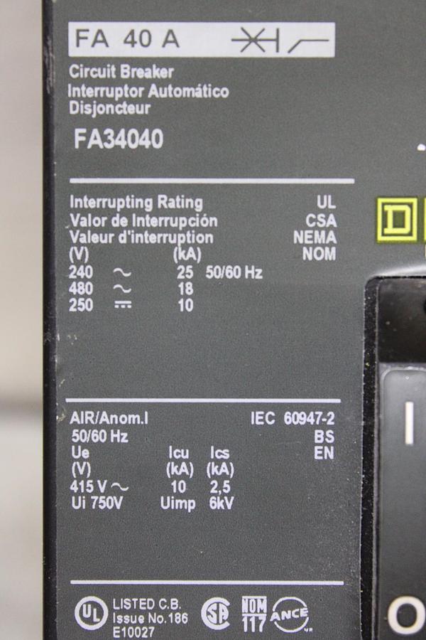 Used SQUARE D I-LINE CIRCUIT BREAKER FH36040 40 AMP 600 VOLT 3-POLE