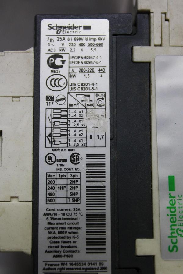 Used SCHNEIDER CONTACTOR LC1D09 25 AMP 600 VAC 3-POLE 3-PHASE 7.5 HP W/ LAD4BBVG