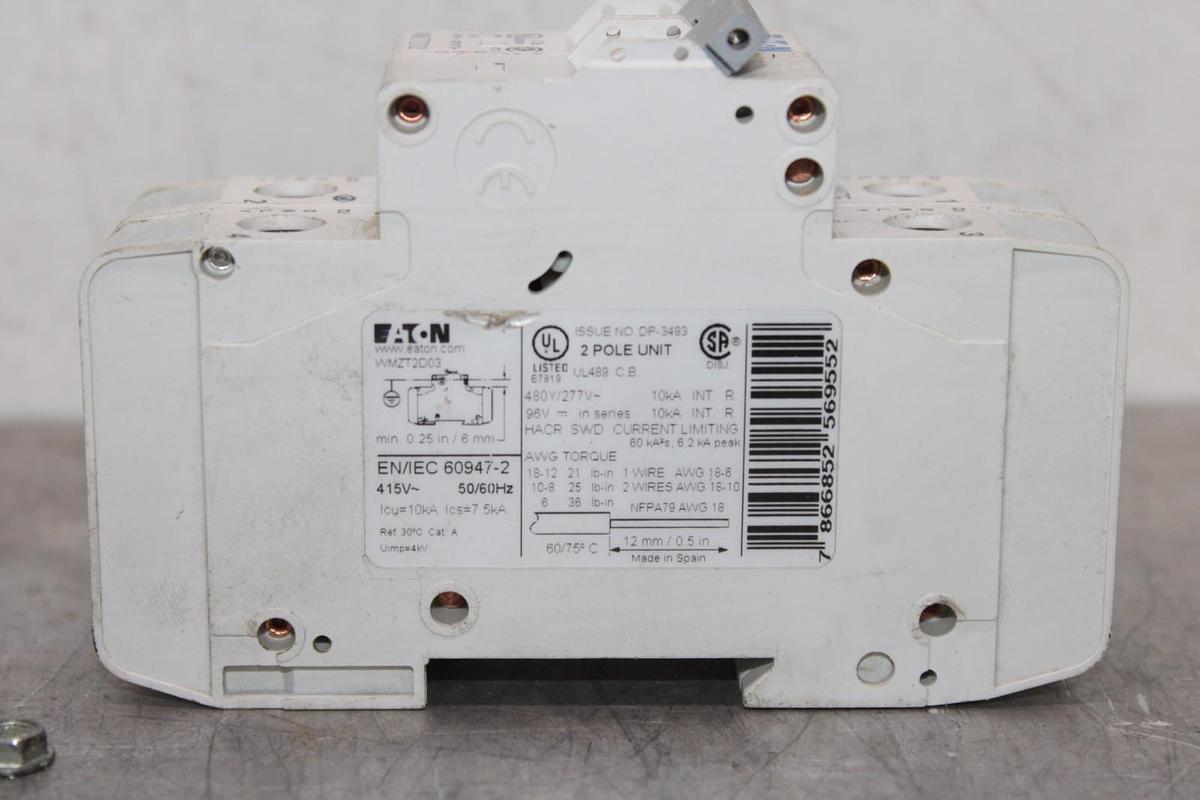 Used EATON CIRCUIT BREAKER WMZT2D03 2-POLE 3 AMP 277/480 VAC AM47E