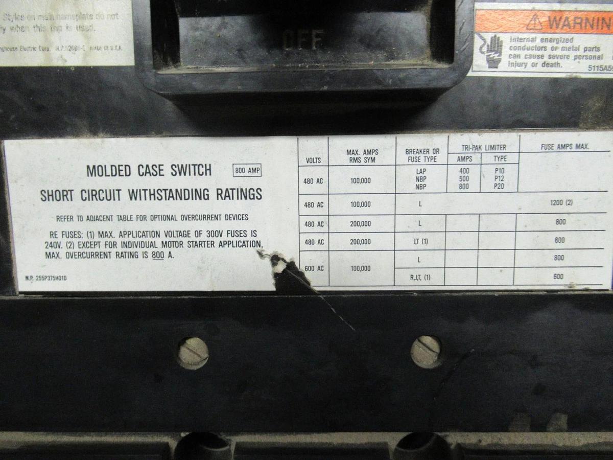 Used CUTLER-HAMMER MOLDED CASE SWITCH MC3800WK 800A 600VAC 3-POLE **WARRANTY**