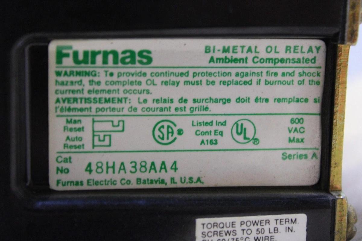 Used FURNAS BI-METAL OVERLOAD RELAY 48HA38AA4 SER. A 600 VAC **WARRANTY**
