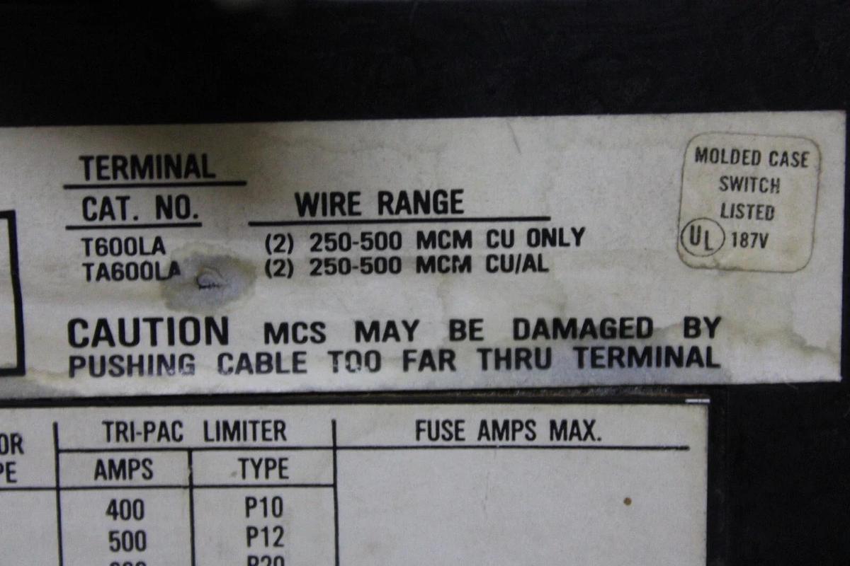 Used WESTINGHOUSE MOLDED CASE SWITCH LC3600WK 600 AMP 3-POLE 600 VAC **WARRANTY**