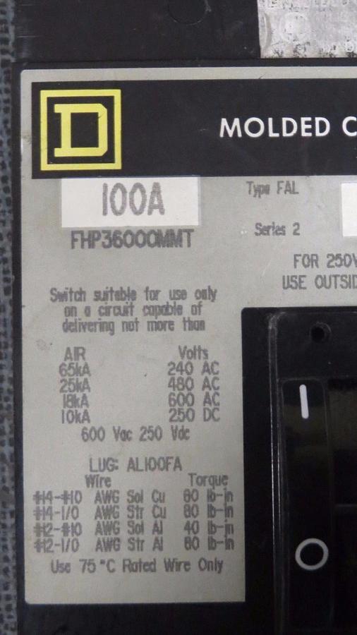 Used SQUARE D MOLDED CASE SWITCH FHP36000MMT 100 AMP 600 VAC 3-POLE **WARRANTY**
