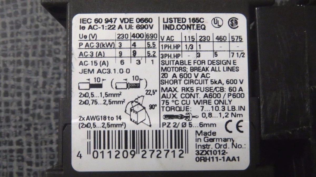 Used SIEMENS SIRIUS 3R STARTER SET 0.11-0.16 AMP 3RV1011-0AA15 WITH 3RT1016-1BB42