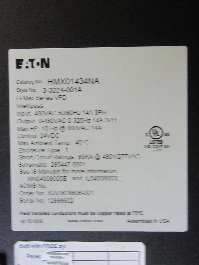 Used EATON VARIABLE SPEED DRIVE H-MAX INTELLIPASS HMX0143NA 480 VAC 14 AMP 10 HP