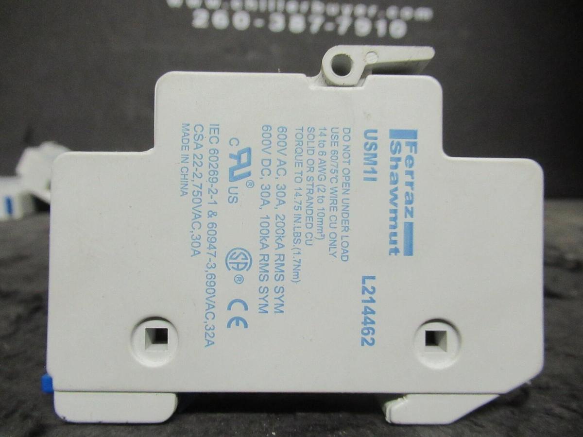 Used (3) 30 AMP 600 VAC 1 POLE FERRAZ SHAWMUT ULTRASAFE CLASS CC FUSE HOLDER USM11