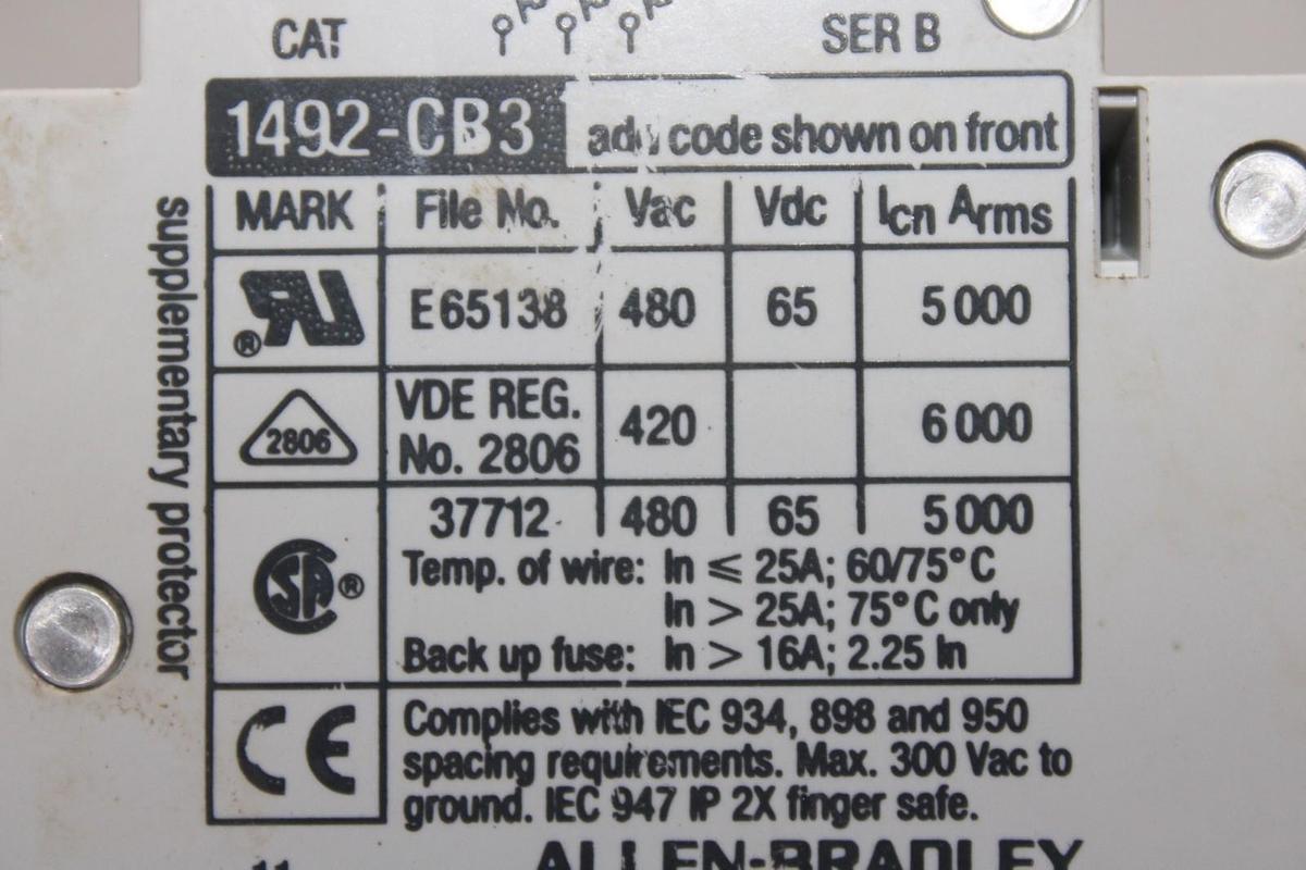 Used ALLEN BRADLEY CIRCUIT BREAKER 1492-ACB 1492-CB3 277 VAC 10 AMP 4-POLE