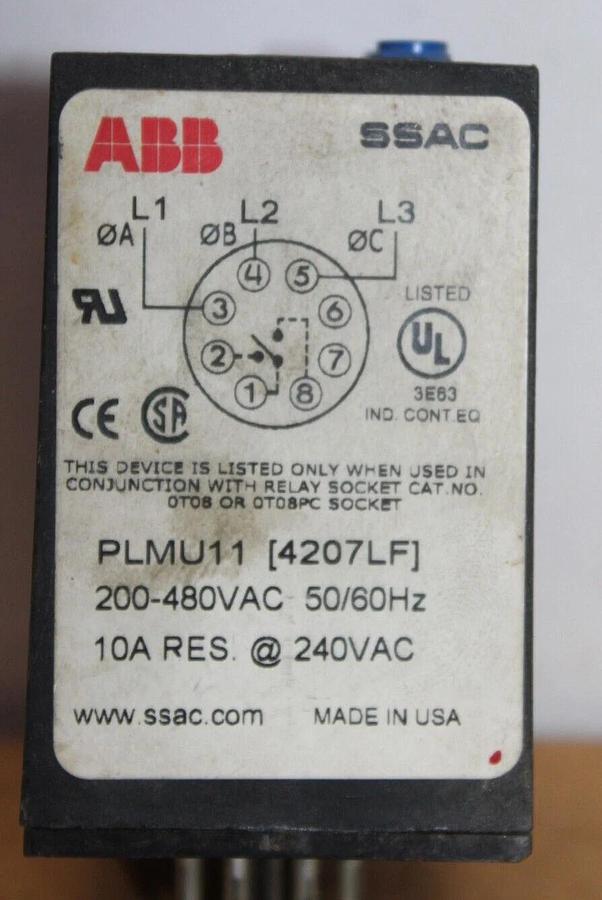 Used ABB SSAC 3-PHASE VOLTAGE MONITOR PLMU11 240/480 VAC 10 AMP **WARRANTY**