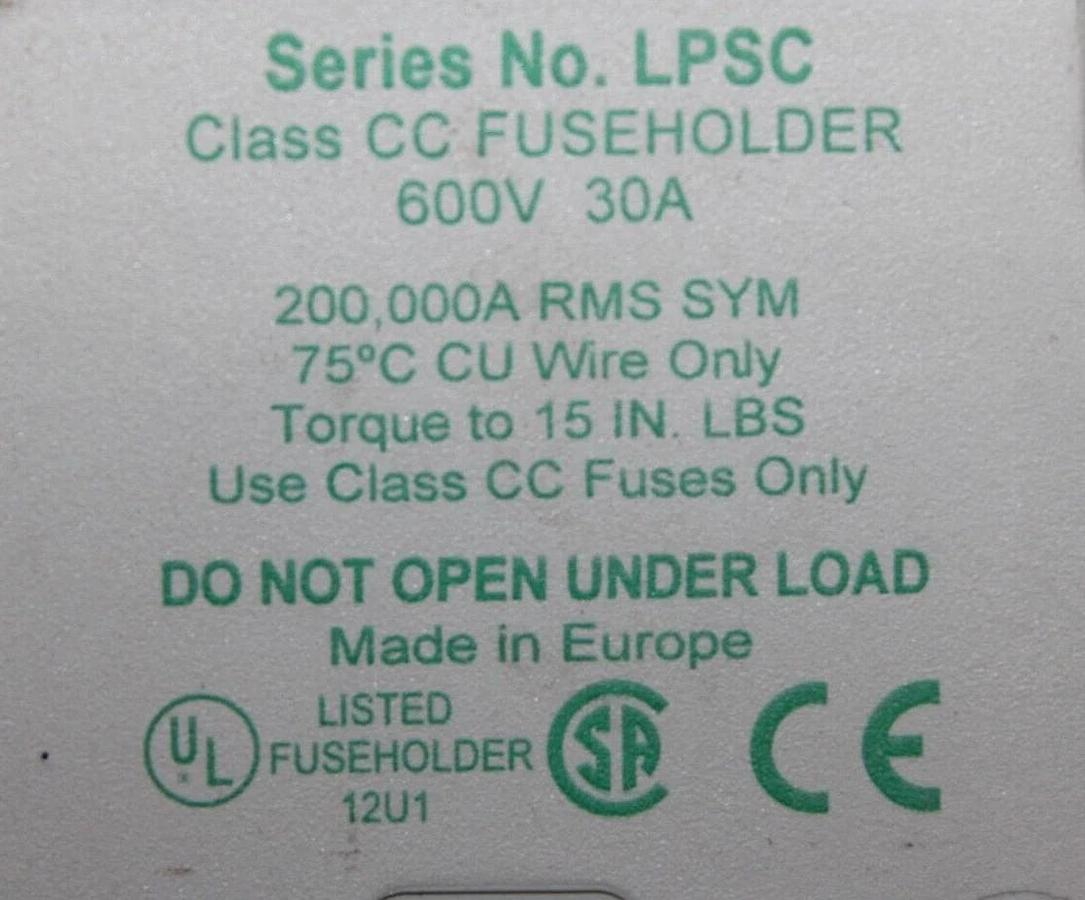 Used LITTELFUSE POWER-SAFE FUSE HOLDER LPSC 3-POLE 600 VOLT 30 AMP CLASS CC