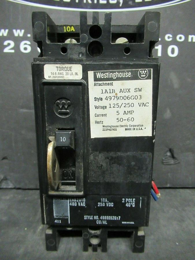 Used 10 AMP EHB2010 2 POLE BREAKER 480 VAC W/ AUXILIARY SWITCH **WARRANTY INCLUDED!**
