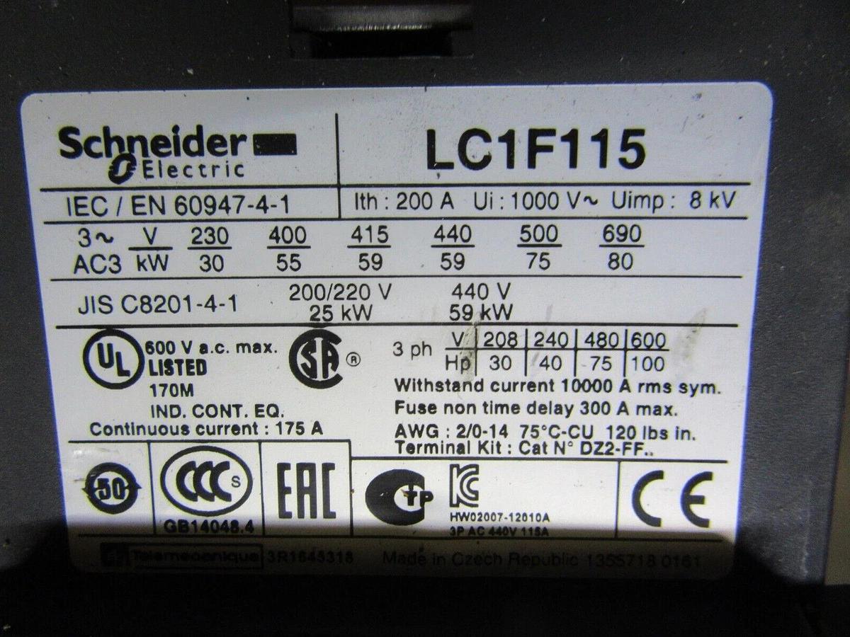Used SCHNEIDER CONTACTOR LC1F115 175 AMP 600 VAC 3-PHASE 100 HP **WARRANTY**