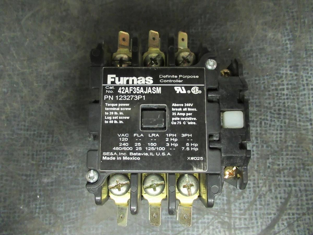 Used FURNAS DEFINITE PURPOSE CONTACTOR 42AF35AJASM 25A 600V 7.5HP 24 VAC