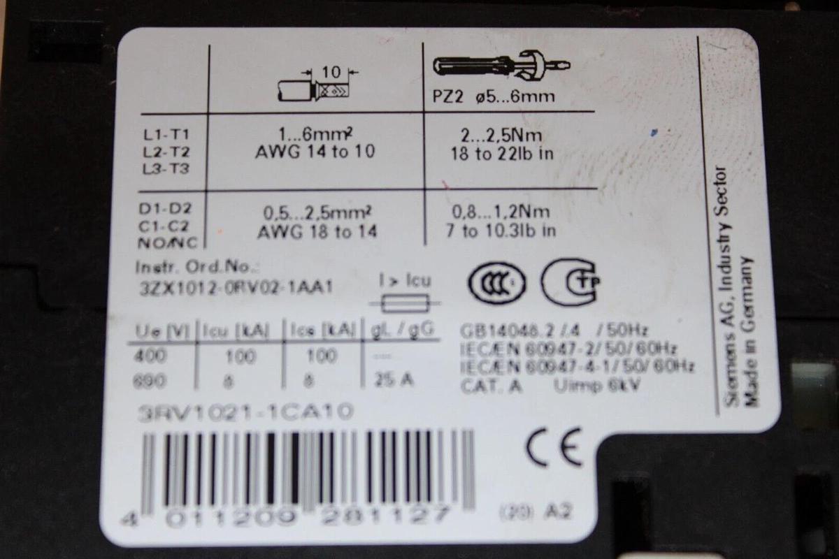 Used SIEMENS MANUAL MOTOR STARTER 3RV1021-1CA10 600 VAC 2.5 AMP 2HP **WARRANTY**