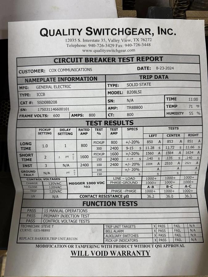 Used GE SSD08B208 800 AMP BREAKER MICRO VERSA TRIP LSI SHUNT BELL ALARM W/ PAPERWORK