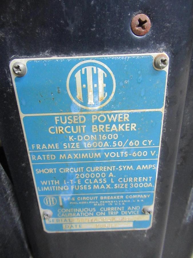 Used ITE POWER CIRCUIT BREAKER K-DON 1600 1600 AMP 600 VOLT *BENT PANEL* *WARRANTY*