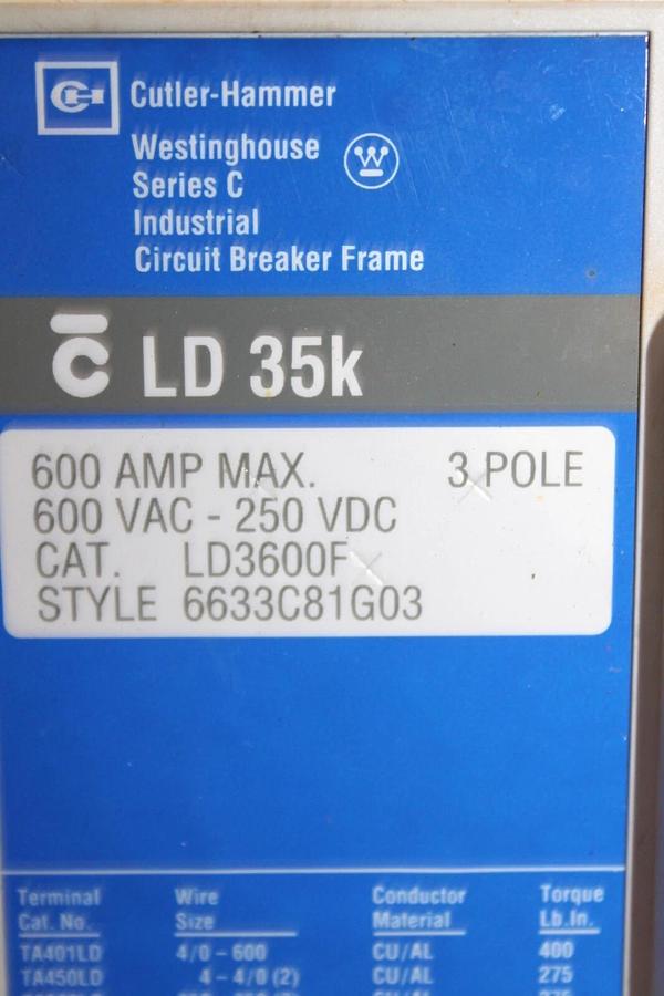 Used CUTLER HAMMER CIRCUIT BREAKER LD3600F 600 AMP 3-POLE 600 VAC LD-35K
