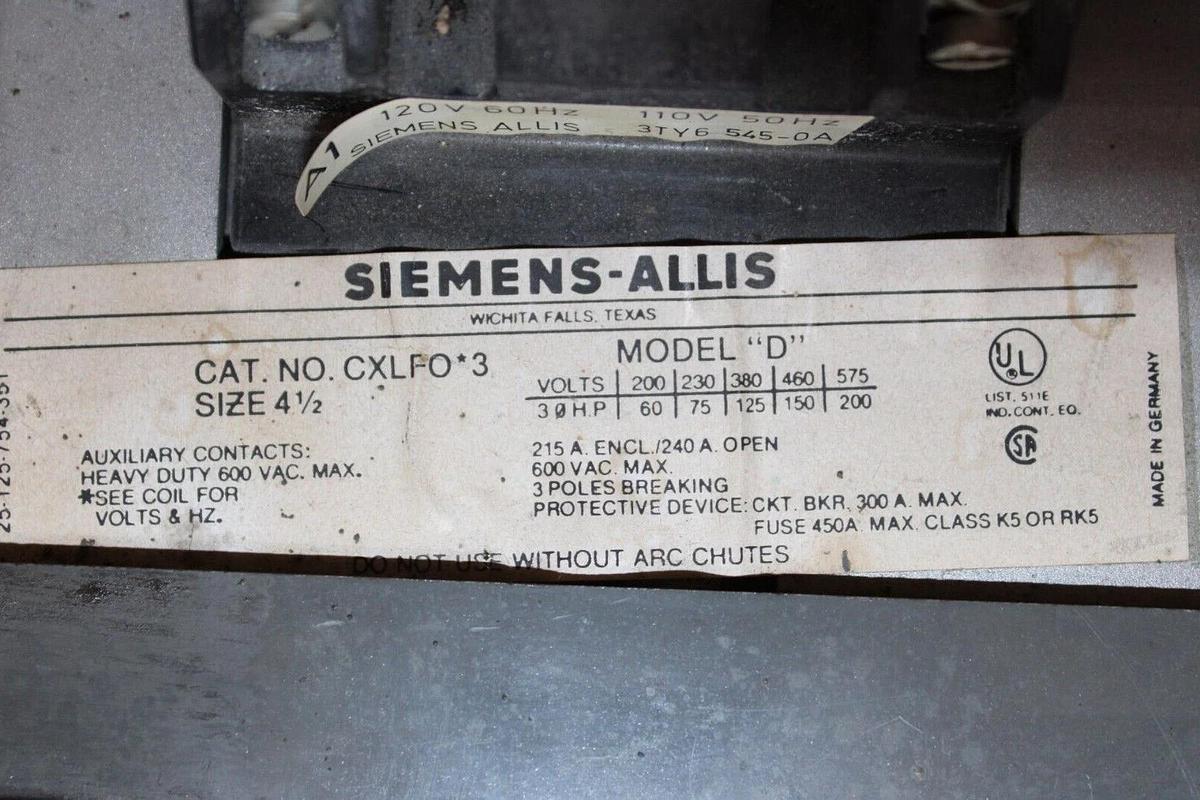 Used SIEMENS-ALLIS CONTACTOR CXLF0*3 NEMA 4.5 600V 240 AMP 200 HP 3-POLE COIL: 120V