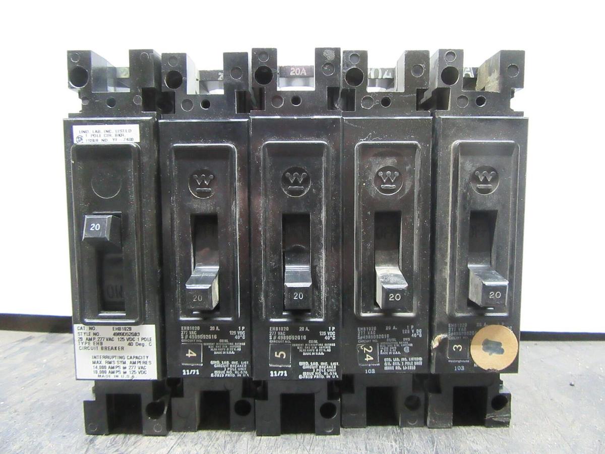 Used LOT OF 5 CUTLER HAMMER BREAKER EHD1020 1-POLE 20 AMP 277 VAC **WARRANTY**