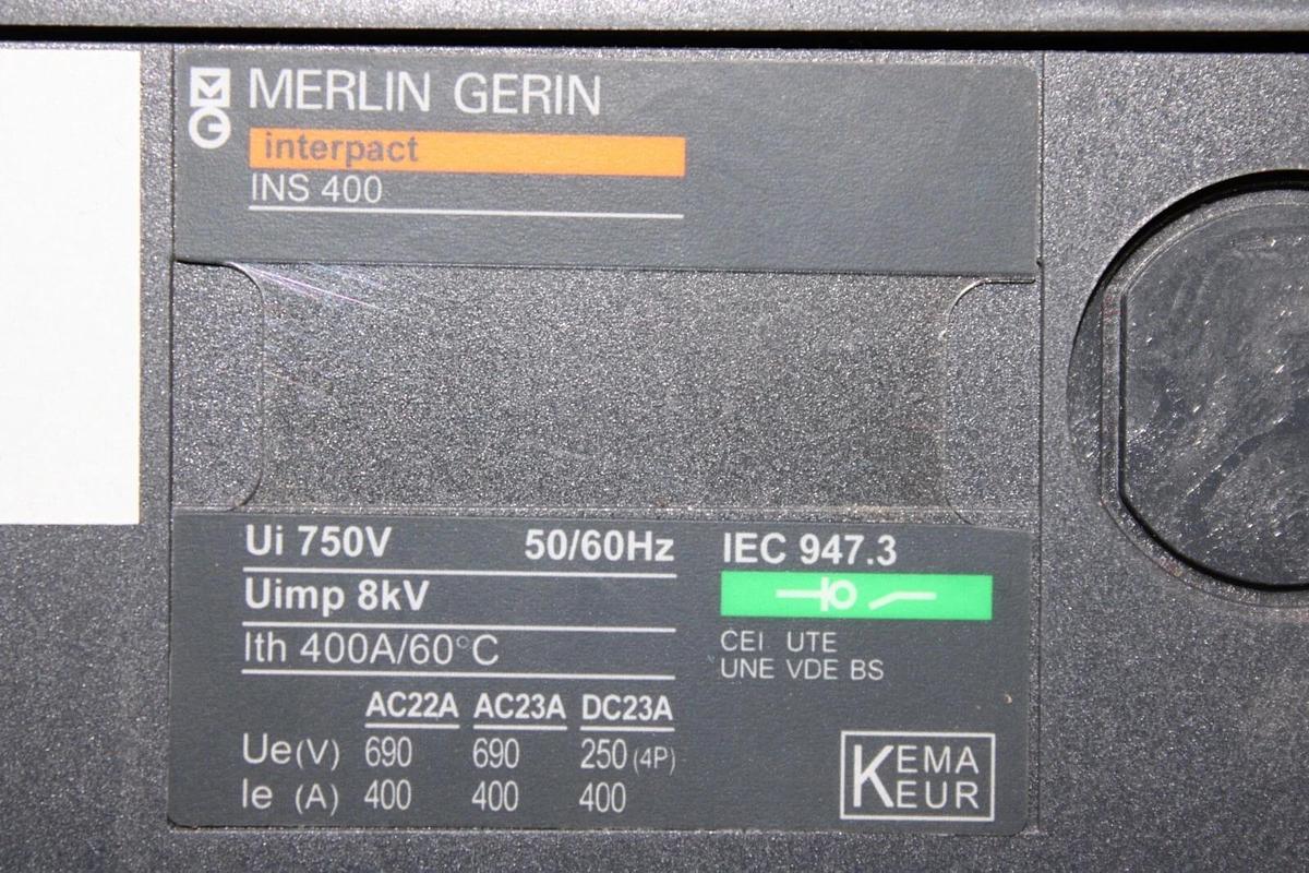 Used MERLIN GERIN INTERPACT MOLDED CASE SWITCH INS400 400 AMP 750 VOLT 3-POLE