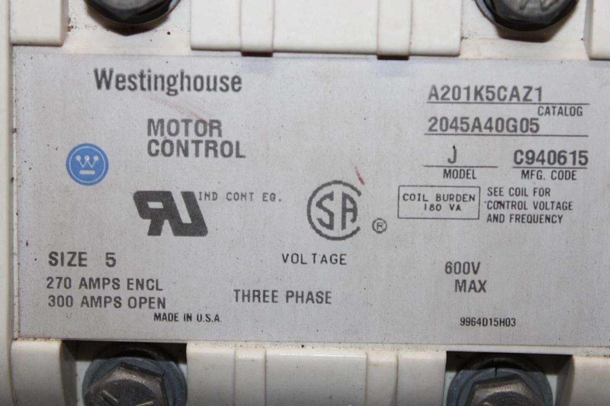 Used CUTLER HAMMER CONTACTOR A201K5CAZ1 270/300 AMP 3-POLE NEMA 5 600 VAC MODEL J