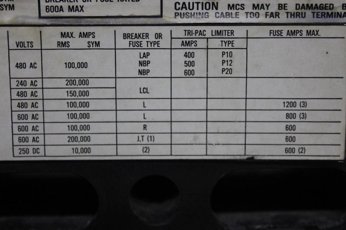 Used WESTINGHOUSE MOLDED CASE SWITCH LC3600WK 600 AMP 3-POLE 600 VAC **WARRANTY**