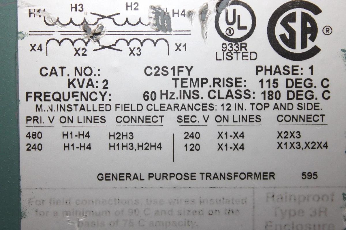 Used SQUARE D TRANSFORMER C21FY 2 KVA PRI: 480V SEC: 240V SINGLE PHASE
