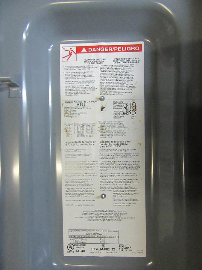 Used SQUARE D HEAVY DUTY SAFETY SWITCH H362 600 VOLT 60 AMP TYPE 1 ENCLOSURE