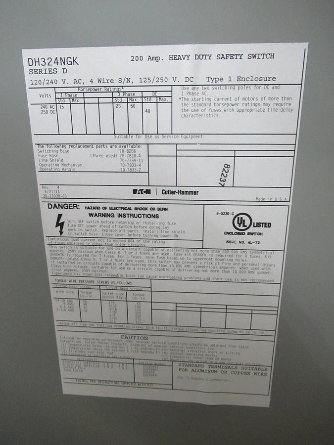 NIB EATON 200 AMP HEAVY DUTY SAFETY SWITCH DH324NGK TYPE 1 3-POLE 60 HP 240 V