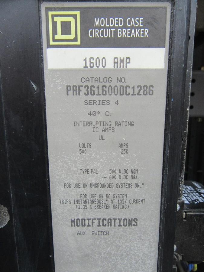 Used 1600 A SQUARE D ENCLOSED 500 VDC QED POWER BREAKER SWITCH NEMA 1 PAF361600DC1286