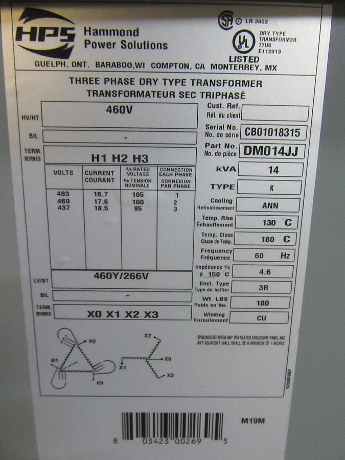 Used HAMMOND TRANSFORMER DM014JJ 14 KVA PRI: 460V SEC: 266V NEMA 3R
