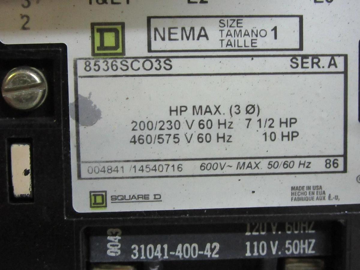 Used SQUARE D MODEL 6 MCC BUCKET NEMA SIZE 1 15 AMP 12" FA100-3MC6 W/ 8536SCO3S