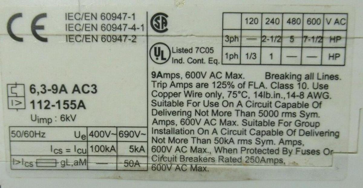 Used ABB MANUAL MOTOR START MS325 6.3-9 AMP 600 VAC W/ AUXILIARY CONTACTS
