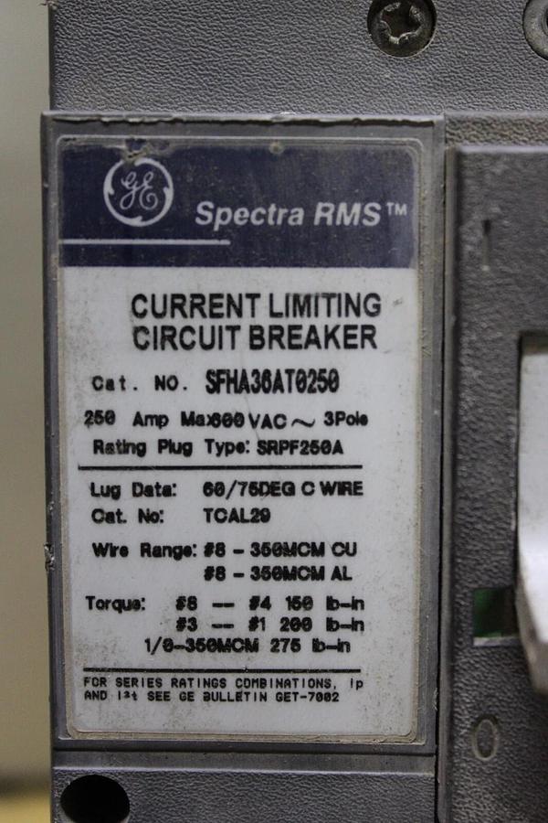 Used GE HI-BREAK CIRCUIT BREAKER SFHA36AT0250 225 AMP TRIP 600 VAC 3-POLE