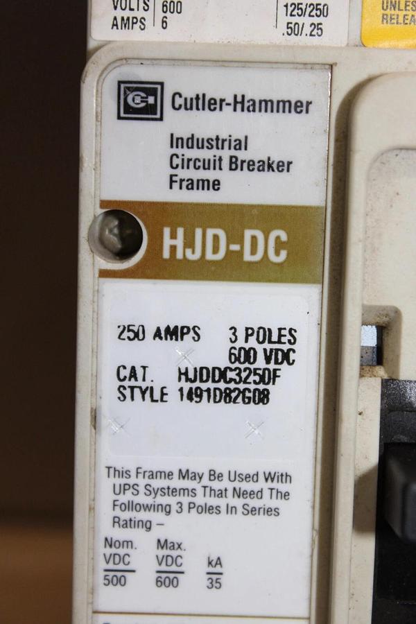 Used EATON DC CIRCUIT BREAKER HJDDC3250F 250 AMP 3-POLE 600 VDC W/ 225 AMP TRIP