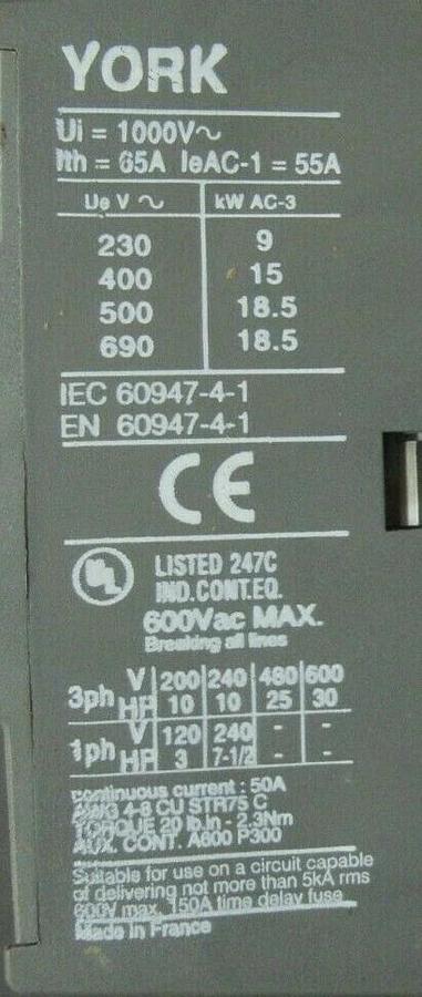 Used YORK IEC AC-1 CONTACTOR 024-31818-000 600 VAC 50 AMP 30 HP 120 VOLT COIL