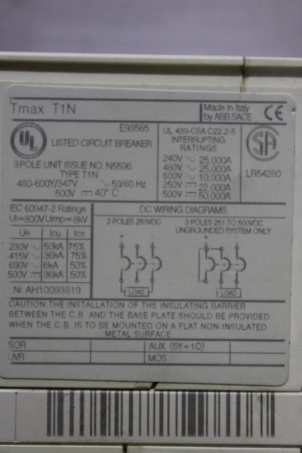 Used ABB CIRCUIT BREAKER TMAX T1N 80 AMP 600 VAC 3-POLE **WARRANTY INCLUDED**