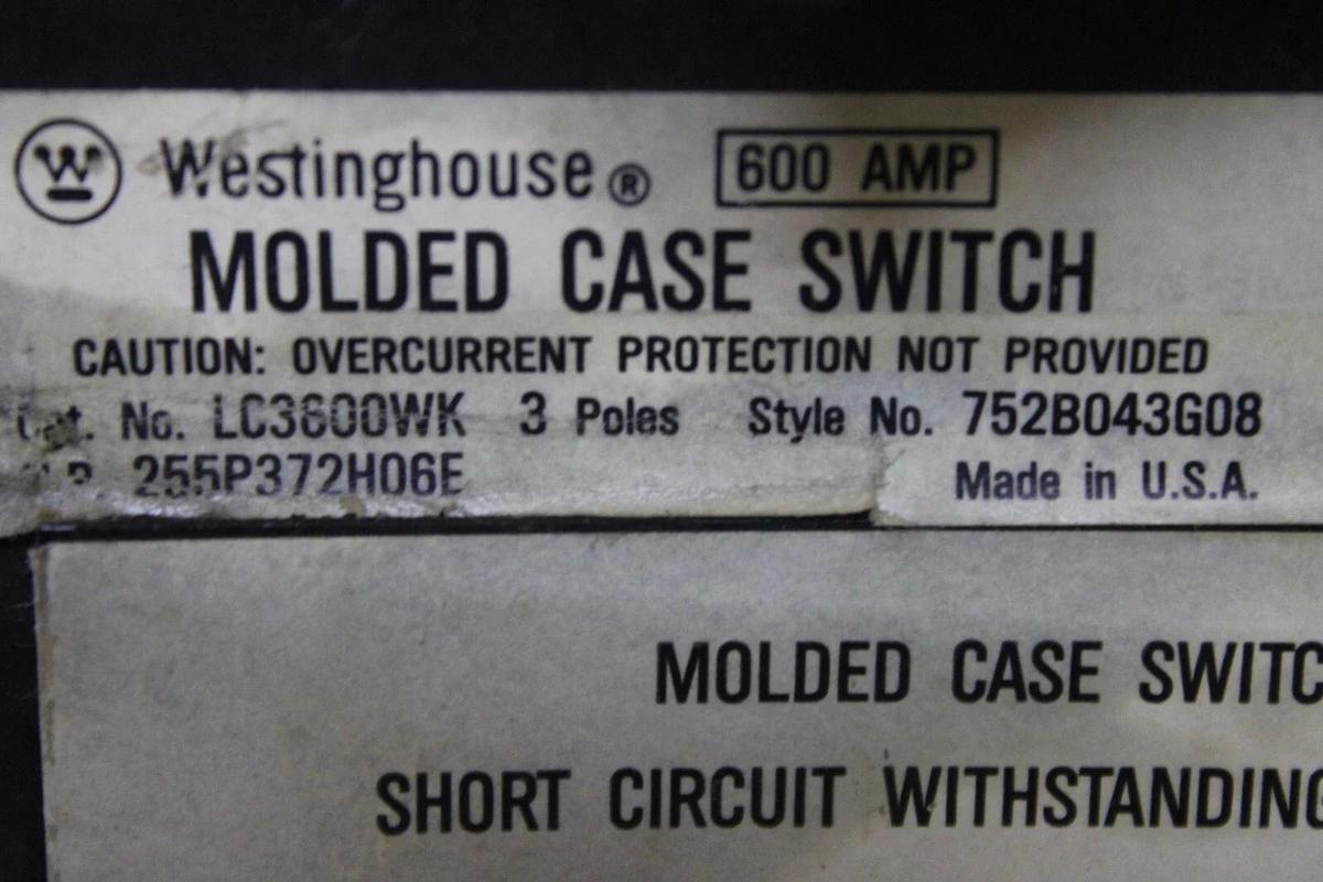 Used WESTINGHOUSE MOLDED CASE SWITCH LC3600WK 600 AMP 3-POLE 600 VAC **WARRANTY**