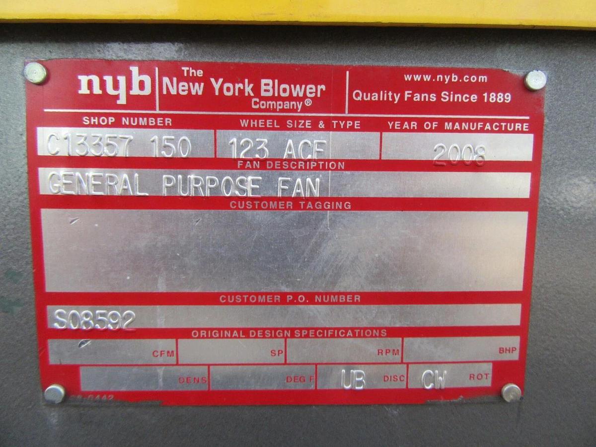 Used 5 HP 12" NEW YORK BLOWER GENERAL PURPOSE FAN 123 ACF 208 - 230/460 VAC 3 PH 3450
