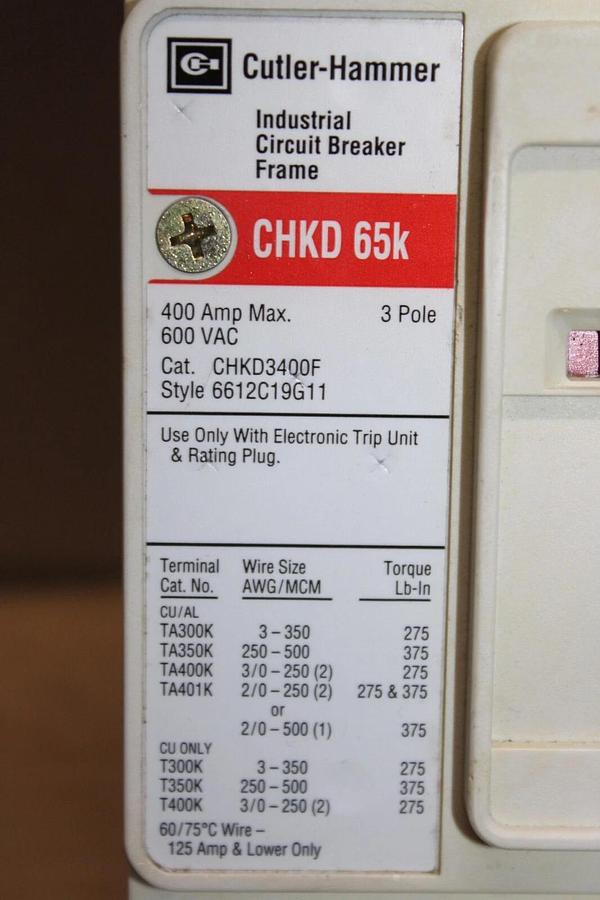 Used CUTLER HAMMER CIRCUIT BREAKER CHKD3400F 400 AMP 350 AMP TRIP 600 VAC 3-POLE