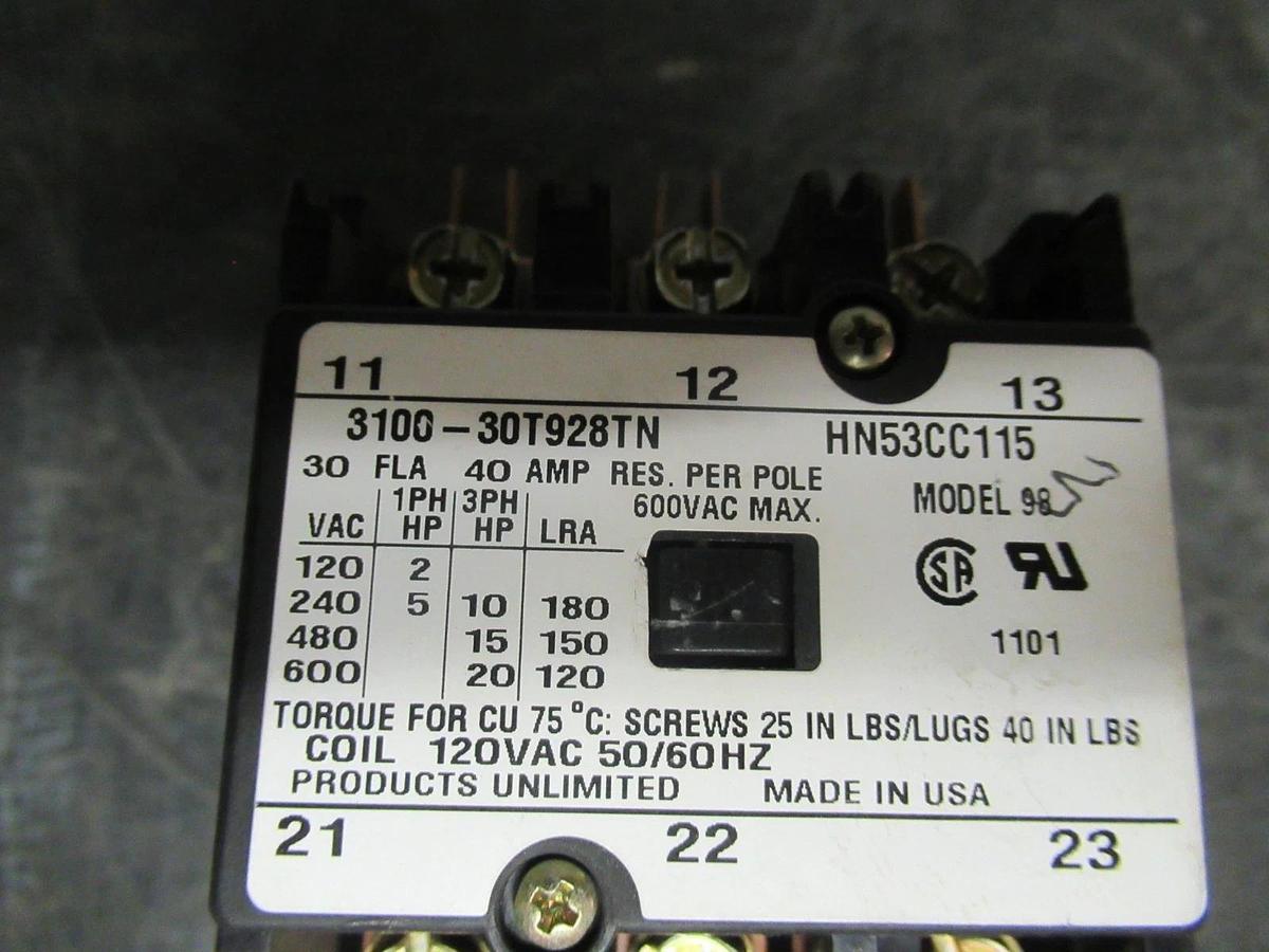 Used PRODUCTS UNLIMITED CONTACTOR 3100-30T928TN HN53CC115 600V 30A COIL: 120V