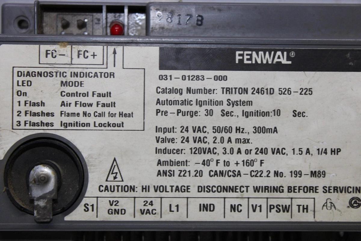 Used FENWAL IGNITION CONTROL MODULE TRITON-2461D-526-225 031-01283-000 24 VAC