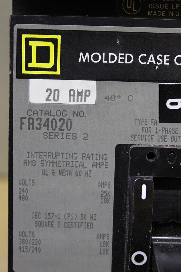 Used SQUARE D I-LINE CIRCUIT BREAKER FA34020 20 AMP 480 VAC 3-POLE **WARRANTY**