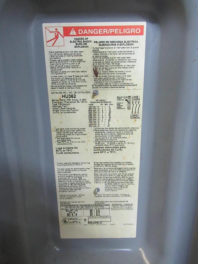 Used SQUARE D HEAVY DUTY SAFETY SWITCH HU362 TYPE 1 ENCL. 60 AMP 60 HP 600 VAC 3-POLE
